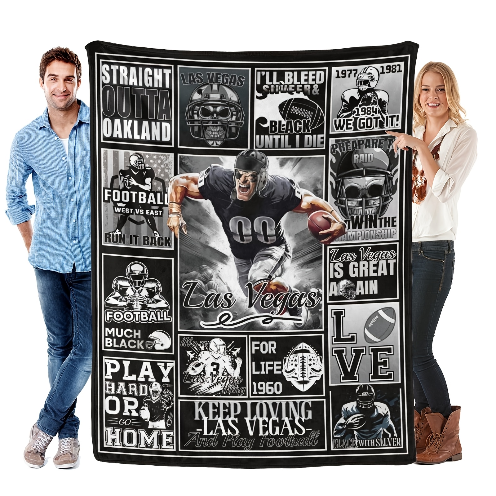 

Las Vegas Football Themed Flannel Throw Blanket, Contemporary Style, Pattern, Multipurpose Knitted Polyester Throw, Machine Washable, With For Sports Fans,