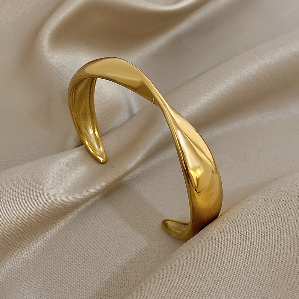 TEMU Fashion Golden Stainless Steel Cuff Bangle Bracelet For Women Men, Glossy Twisted Bangles, Stylish Waterproof Stackable Wrist Jewelry, Stainless