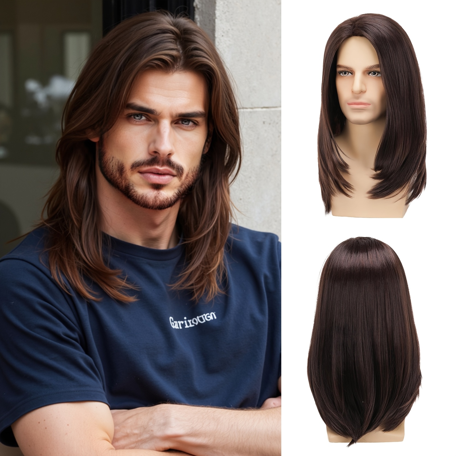 Image of Men's 16-inch Medium-part Layered Long Straight Wig - Heat-resistant High-temperature Fibers, With A Wig Cap, Suitable For Cosplay And Halloween Costumes, As Well As Daily Wear