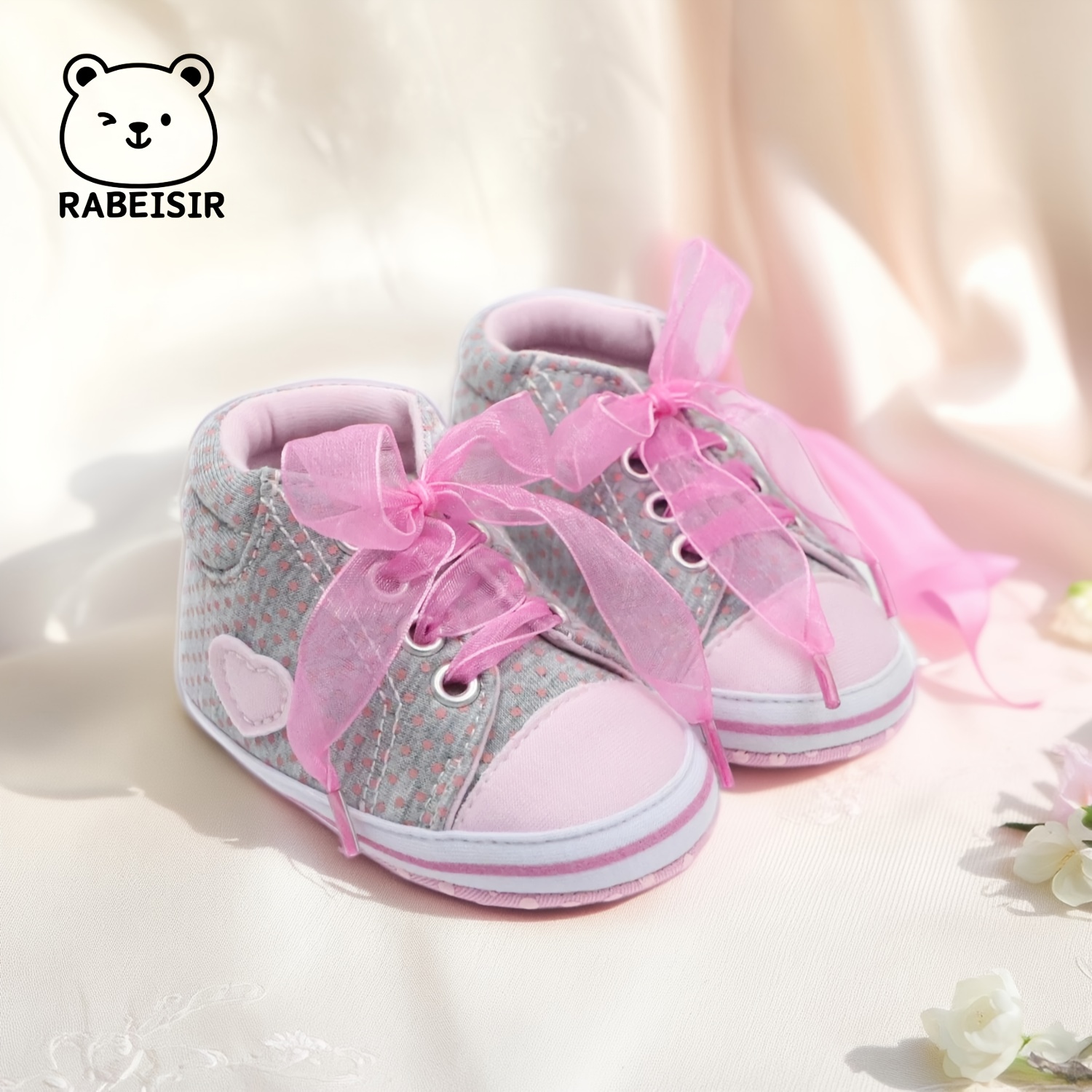 RABEISIR Adorable Heart- Walking Shoes - Soft Fabric Footwear with Pink Ribbon Accents, Lace-Up Closure for Infants & Toddlers - Ideal for Casual Gatherings & Winter, Pink Ribbon Detail, RABEISIR