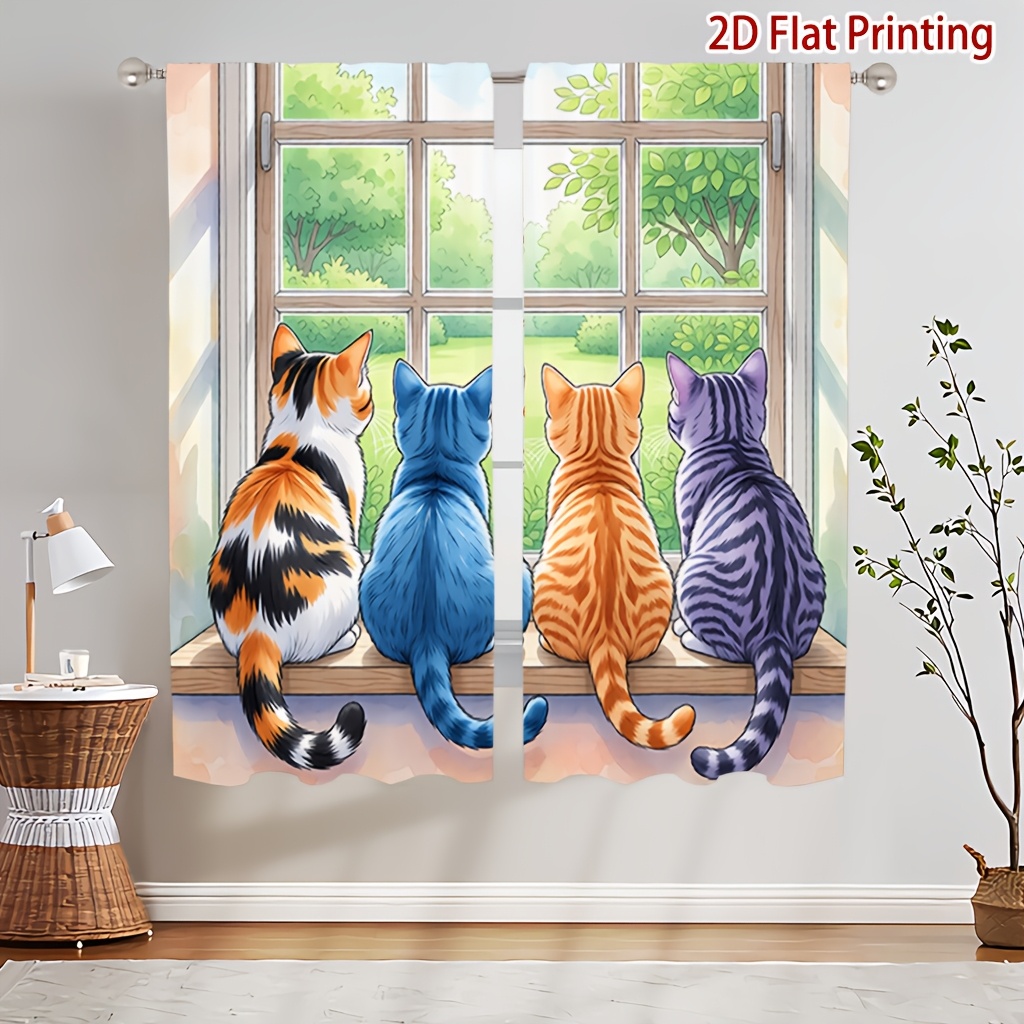 TEMU 2pcs Panel Cat-themed Window Curtains Suitable For Living Room, Semi-sheer Privacy Panels With Scenic Cat Print, Pocket Installation (no Rod