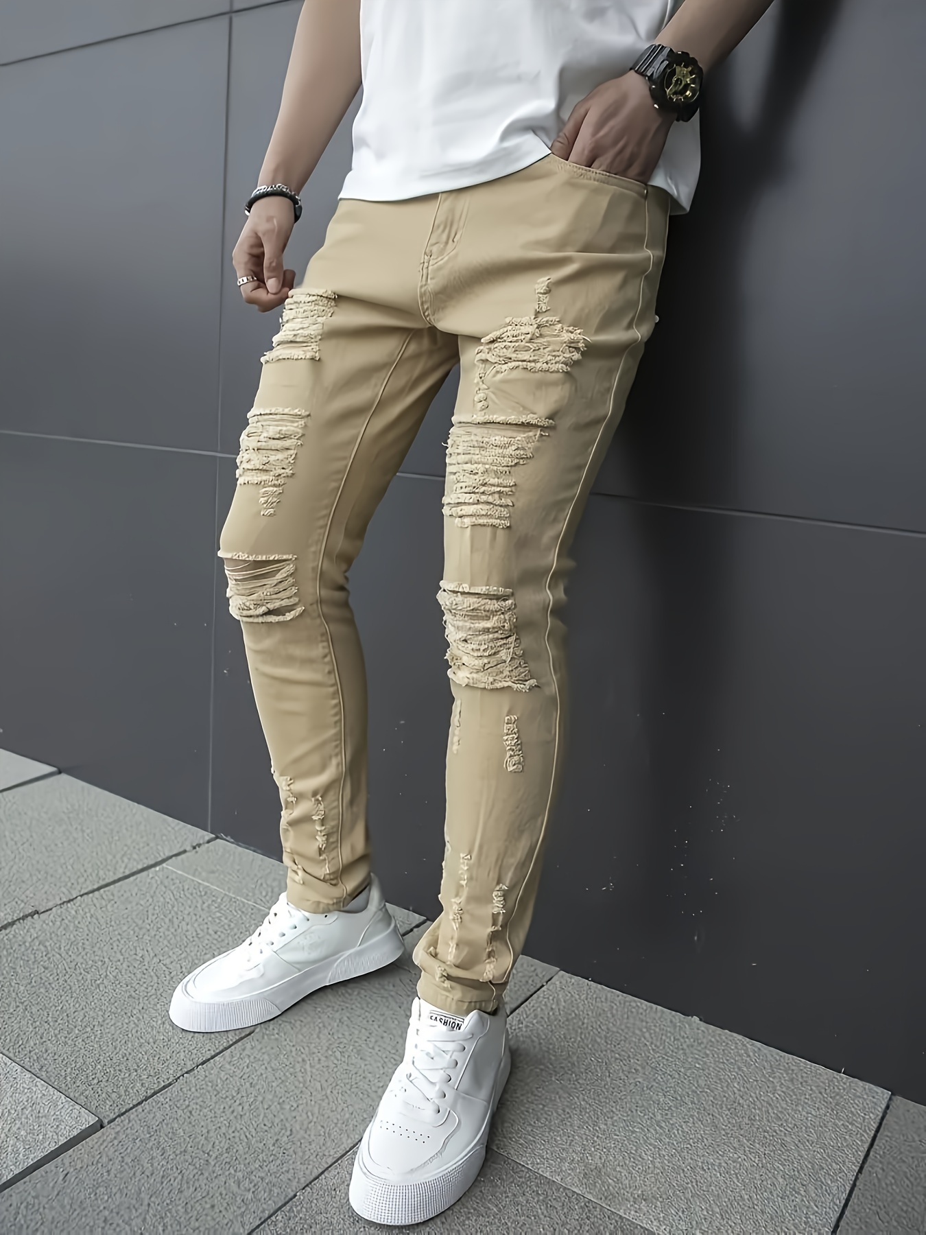 Plus Size Men's Ripped Solid Denim Trousers With Pockets, Causal Cotton Blend Slim-fit Jeans For Outdoor Activities