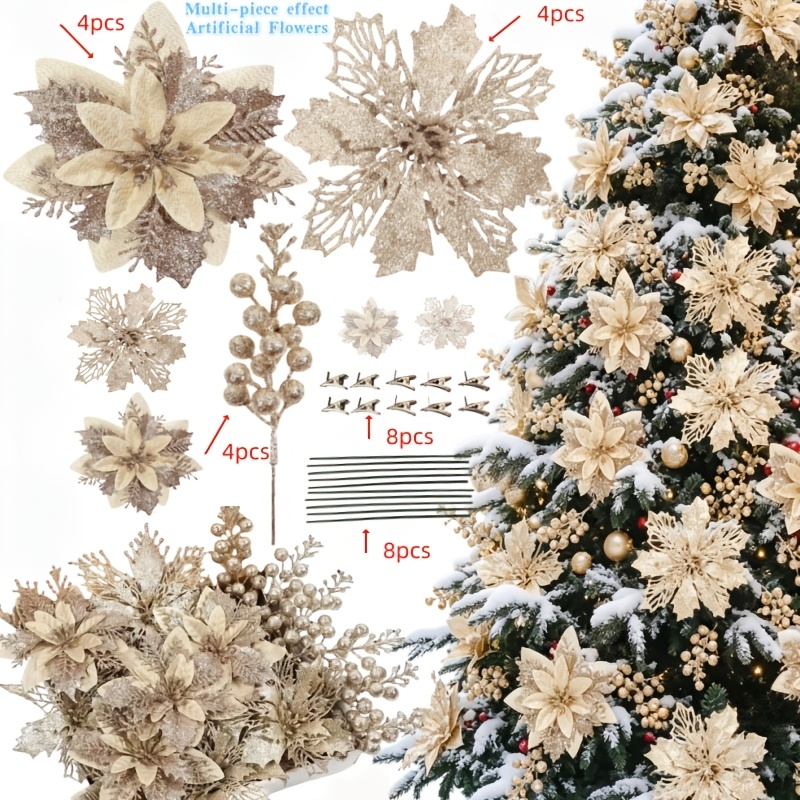 TEMU 28pcs/set Christmas Blooming Hollow Artificial Flowers And Glitter Berries Branches, Christmas Decoration And Christmas Tree Ornaments, Suitable