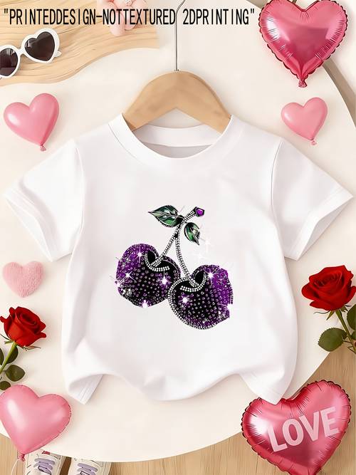 girls single piece casual print t shirt cartoon shiny cherry print pattern gentle and comfortable fabric spring summer casual wear and leisure outfit easy suitable for outdoor