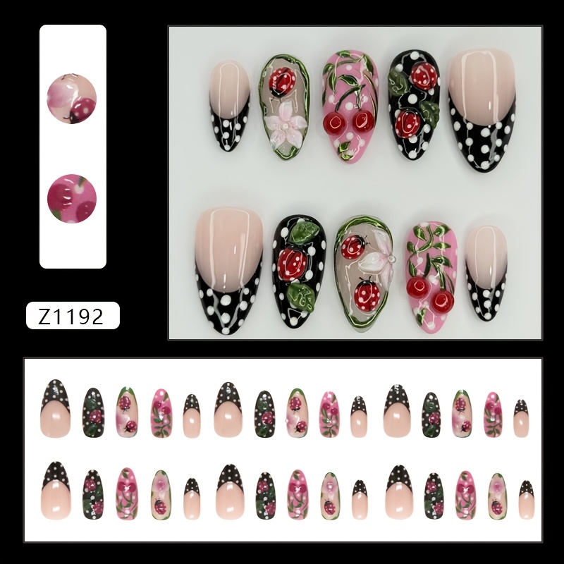 TEMU Black & White Polka Dot Ladybug Nail Art Suitable For Hands/feet - Almond Shape Medium Length Press- Nails With Transparent Flower Tips,