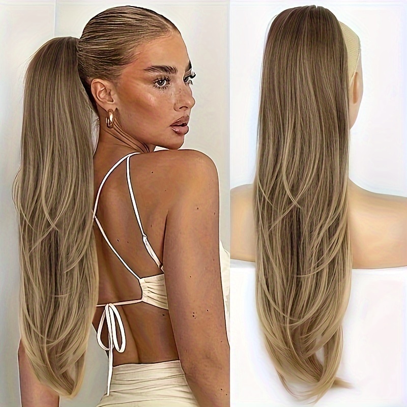 Elegant 26-inch Ombre Platinum Blonde To Brown Synthetic Ponytail Extension With Drawstring - Straight, Wavy Style For Women