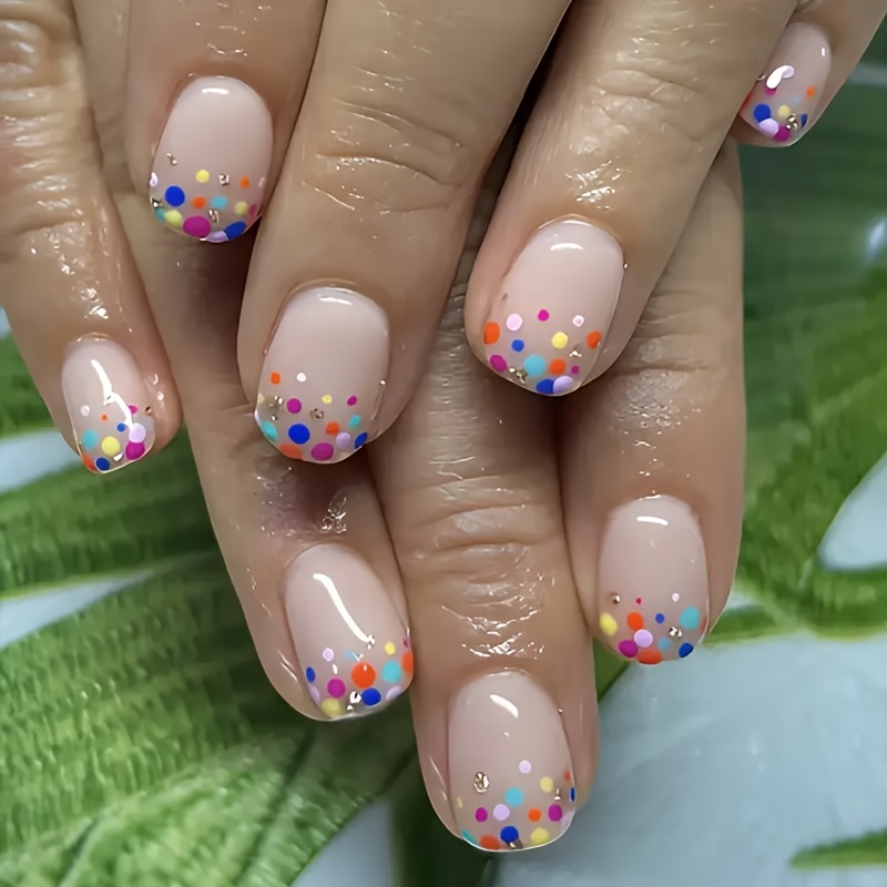 Star Wearable Nail Patches 24pcs Short Square Nail Wearable Easy Polka Dot Colorful Design Nude Fake Nails Extension Detachable Nail With Jelly Glue 1 Nail File 1