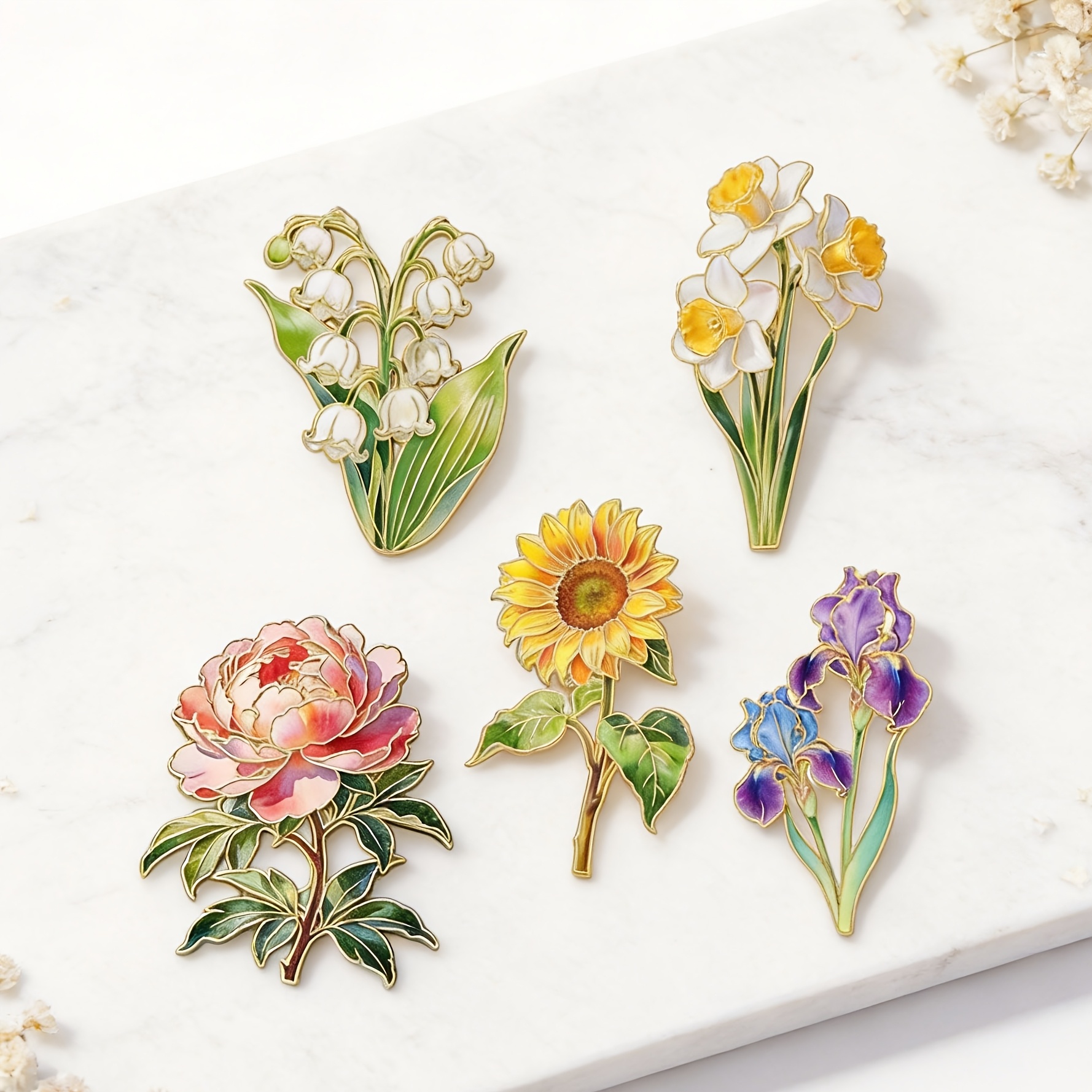 TEMU 5pcs Enamel Drip Floral Series Badges, Alloy Large Size Style, Flower-shaped Badges With Longest Side Over 3cm, Suitable For Clothing, Bags, And