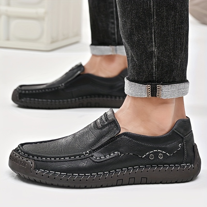 Men's Breathable Leather Loafers - Slip-On Casual Shoes With Elastic Design
