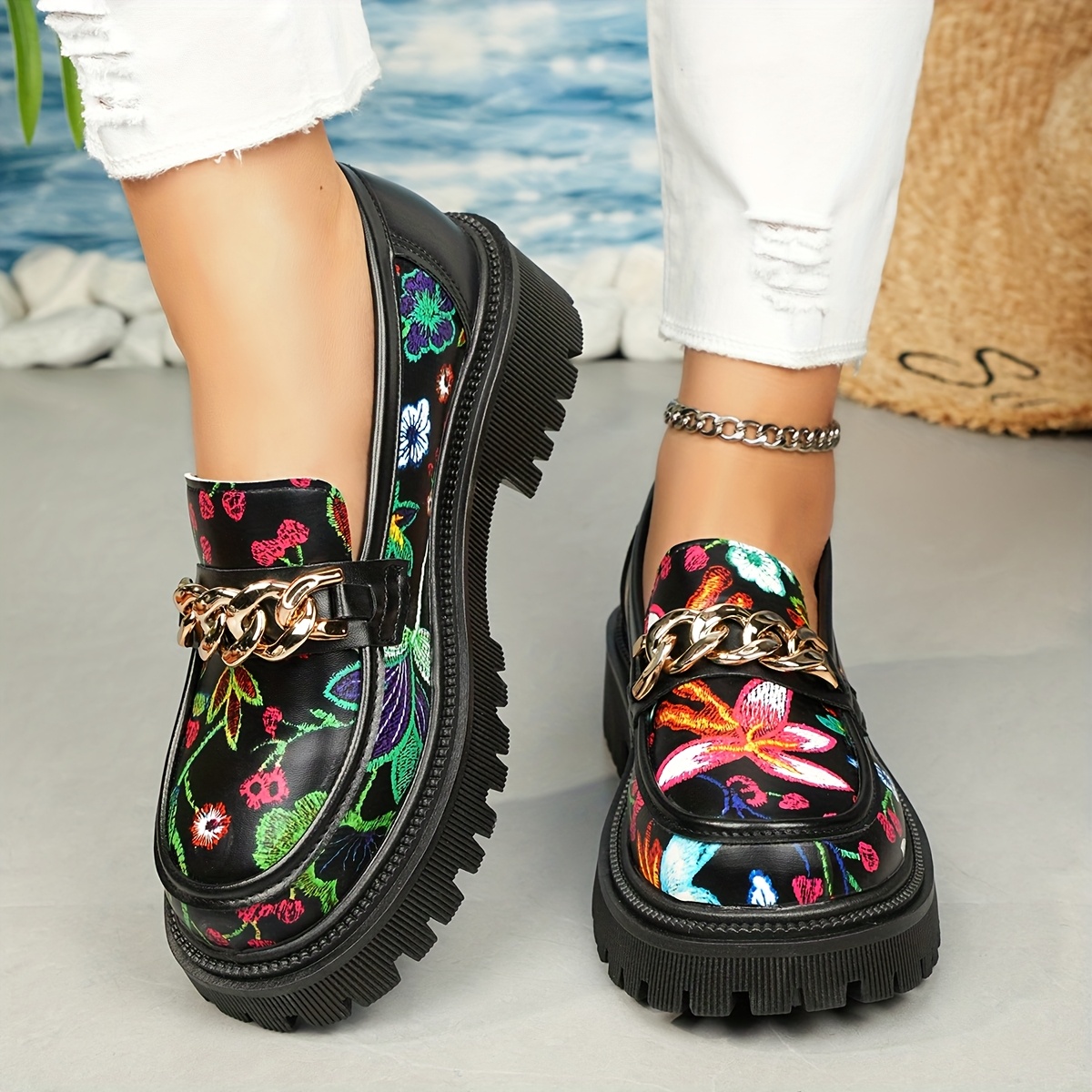 Women'S Stylish Floral Print Loafers Vibrant Penny Loafer Design with  Chunky Sole, Synthetic Cover Upper Rubber Sole Shoes, Casual *r  Floral