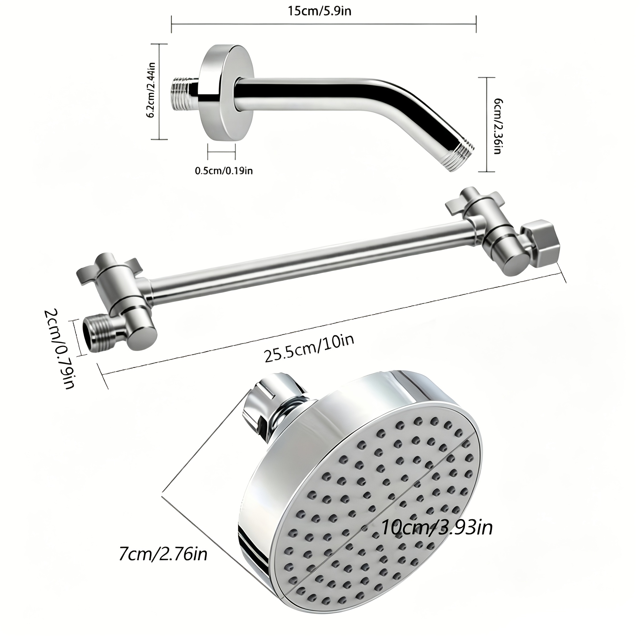 TEMU 3pcs 4-inch Bright Chrome Silvery Round Pressure-enhancing Showerhead Set, With Multi-angle Rotatable Extended Shower Arm And Fixed Extension