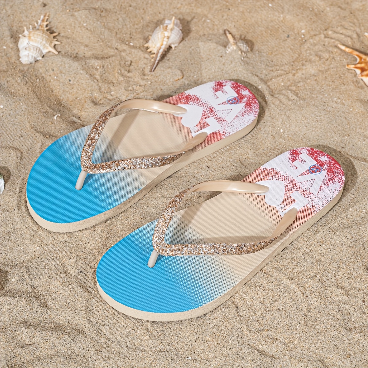 Women's Beach Slippers Turquoise Blue/Pink Purple/White Letter Print  Flip-Flops with One-Strap Closure, Lightweight Soft Sandals for Pool