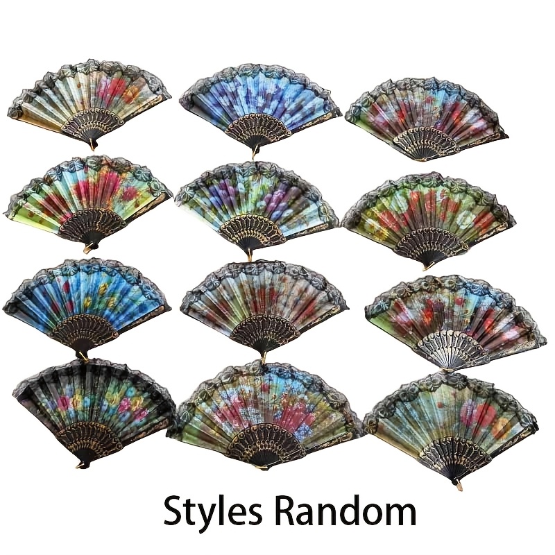 TEMU 12pcs Summer Spanish Floral Folding Hand Fan With Plastic Side, Vintage Handheld Folding Fan With Retro Patterns For Wedding, Dancing Party,
