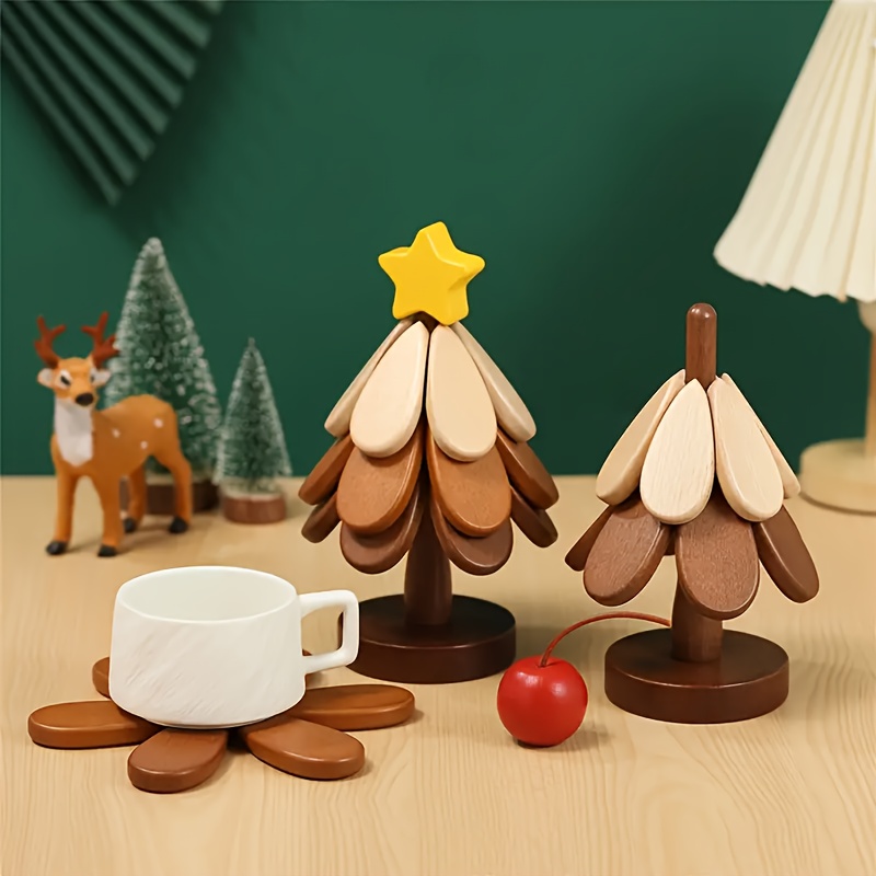 3pcs wooden christmas tree coasters set versatile holiday trivets for hot dishes pots bowls coffee teapot festive decor for thanksgiving st patricks day juneteenth   details 4