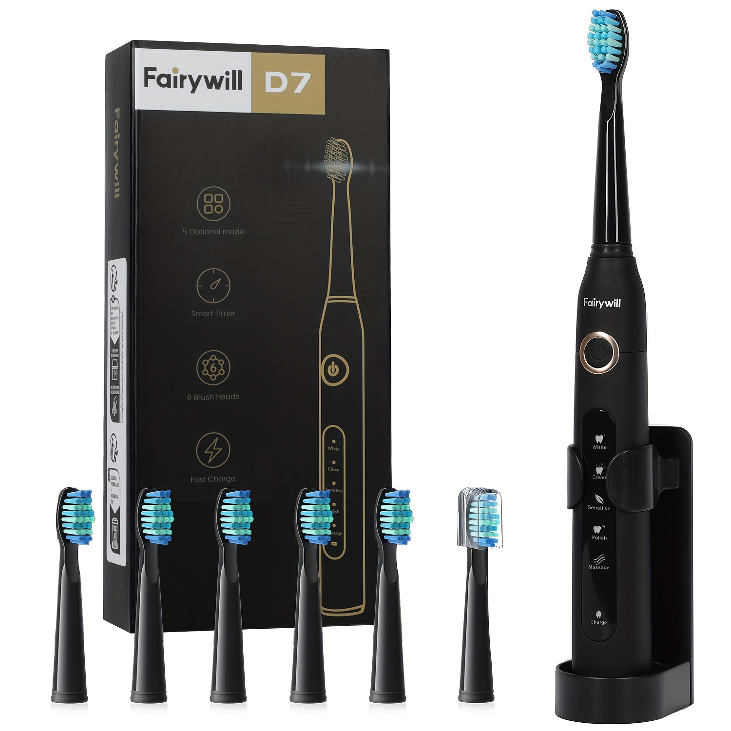 

Fairywill Ultrasonic Electric Toothbrush For Adults, Rechargeable Whitening Toothbrush With 6 Brush Heads 5 Modes, Black