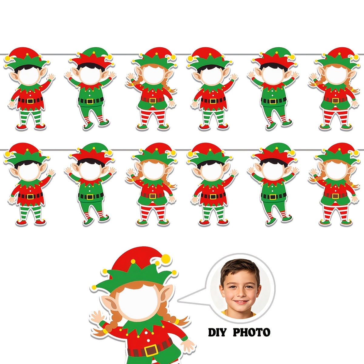 TEMU Lot de 2 guirlandes de bannières photo DIY elfe de Noël, fanions découpés d'elfe à visage vierge, fournitures de décoration de fête à suspendre
