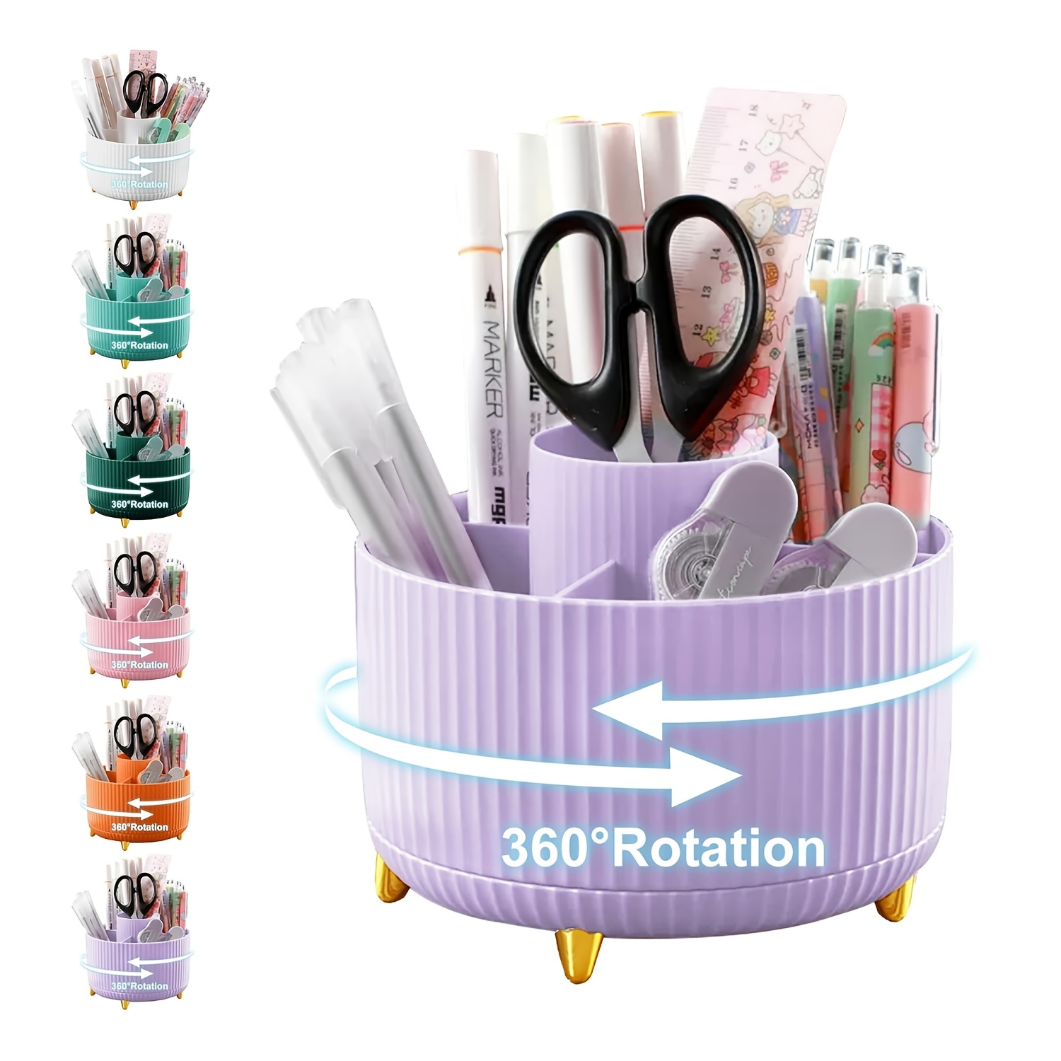 

360° Rotating Desk Organizer - 5-slot Pencil Holder With Large Storage Capacity, Cute Office & School Supplies Cup In Colors, Utility Hooks