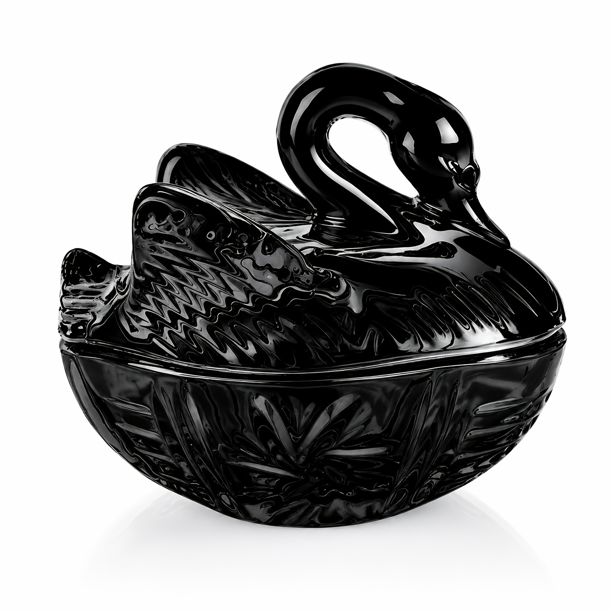 Glossy black swan-shaped lidded candy dish