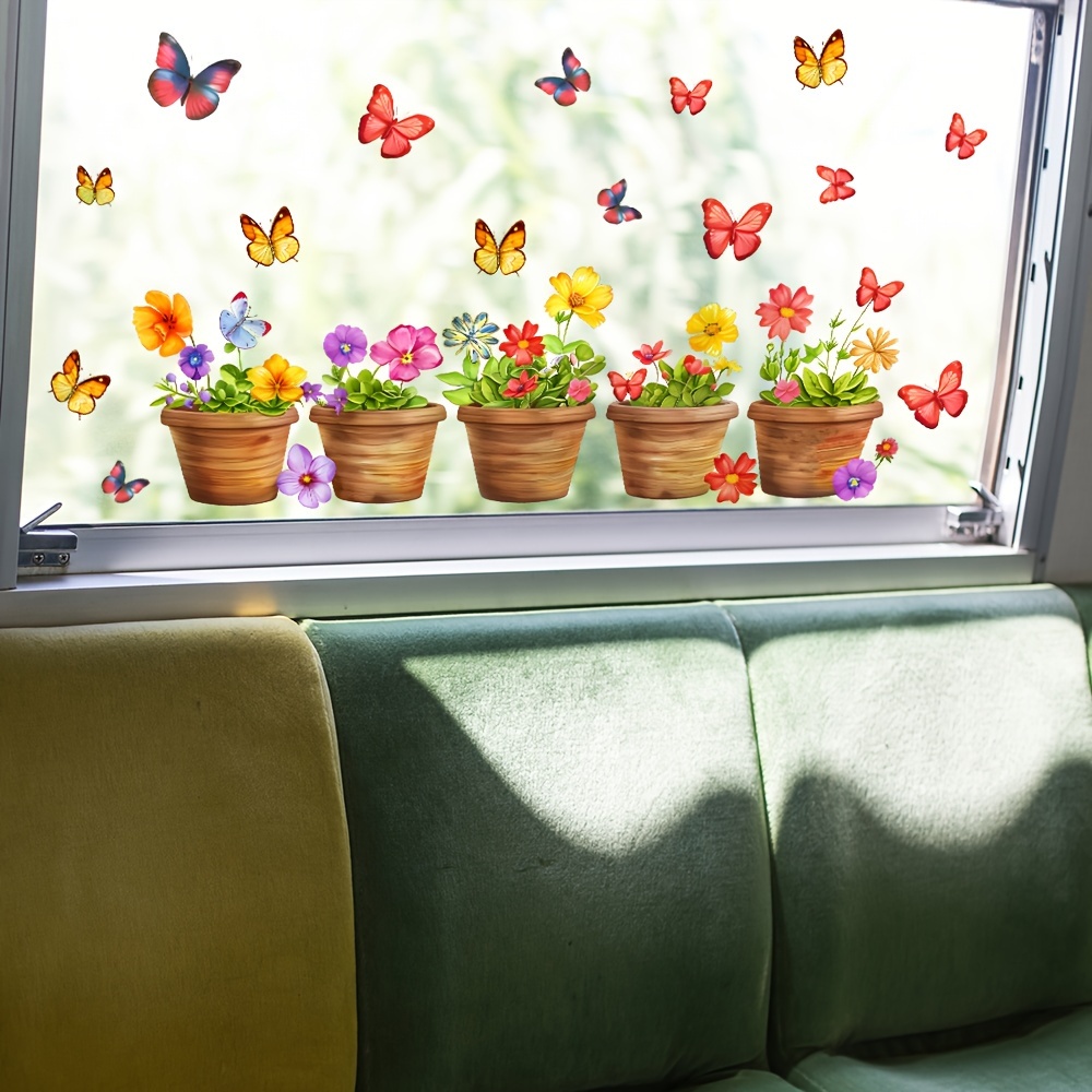 

Colorful Butterfly And Flower Potted Plant Window Clings - Static Decorative Plastic Wall Stickers For Glass & Smooth Surfaces, No Electricity Needed, Removable & Reusable Bathroom Decals