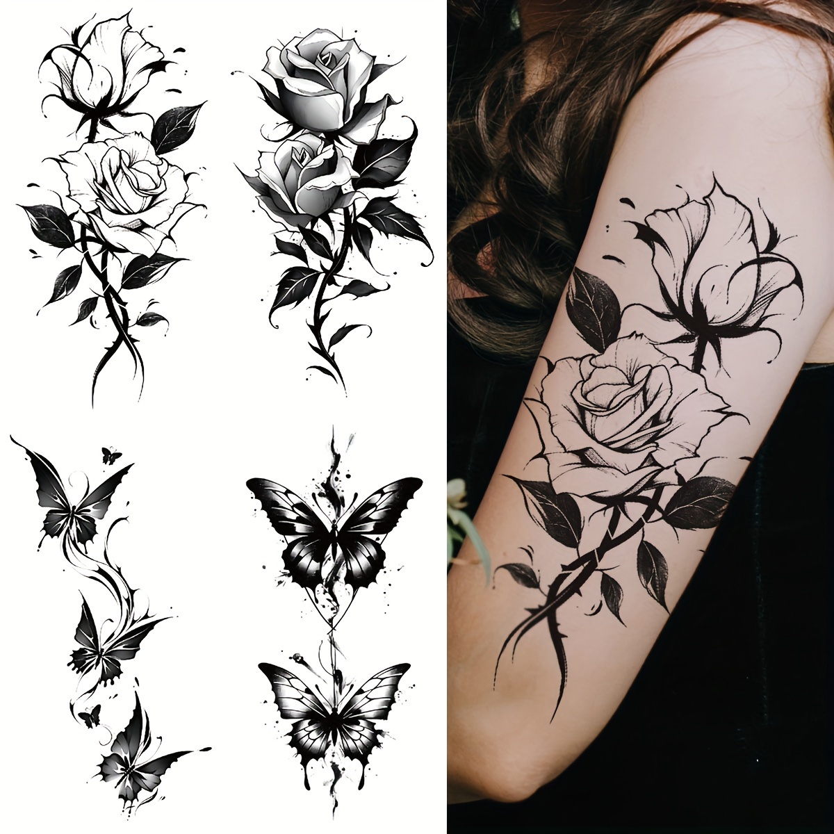 

4 Sheets Waterproof Floral Temporary Tattoo Stickers, Black Rose Flower Butterfly Design For Women Arm Thigh Long Lasting And Easy To Stick And Remove