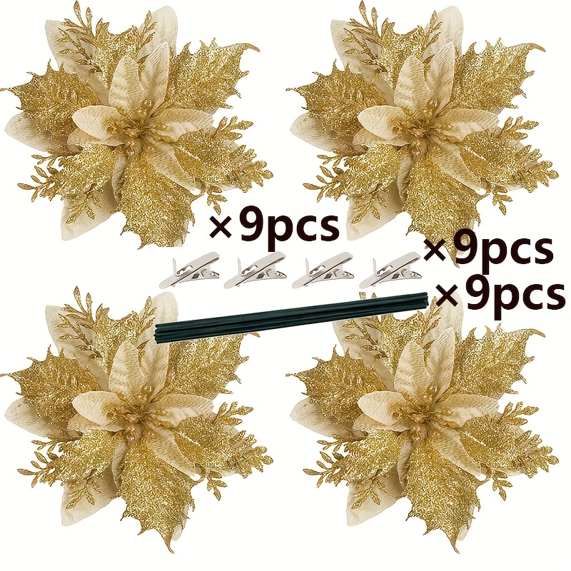 TEMU 27pcs Set Of Sparkling Christmas Star Flower Ornaments Artificial Flower Bouquet With Clips And Artificial Branches Christmas Tree Wreath