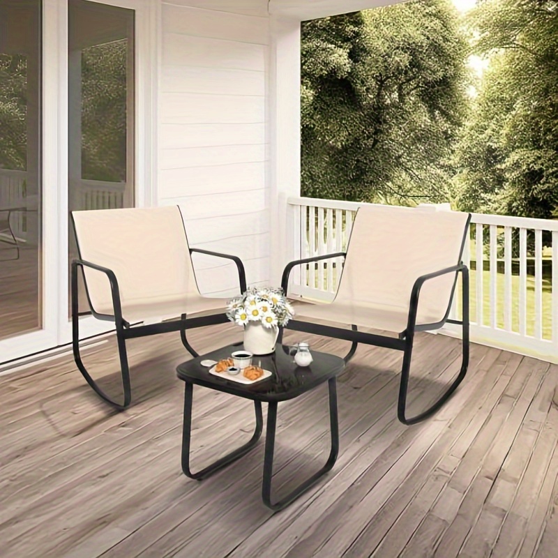 

Meowl 3 Piece Patio Furniture Set, Small Outdoor Conversation Furniture With Textilene Fabric Rocking Bistro Chairs And Glass Table For Backyard, Lawn, Garden, Balcony, Poolside (grey)