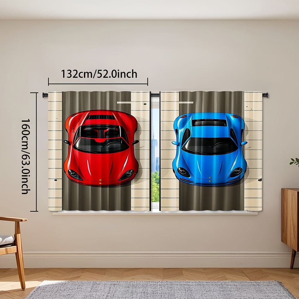 TEMU 2pcs, Race Car Cartoon Print Polyester Curtains, Hd Pattern, Rod For Bedroom, Living Room, Office, Light Filtering, For Modern Home Decor