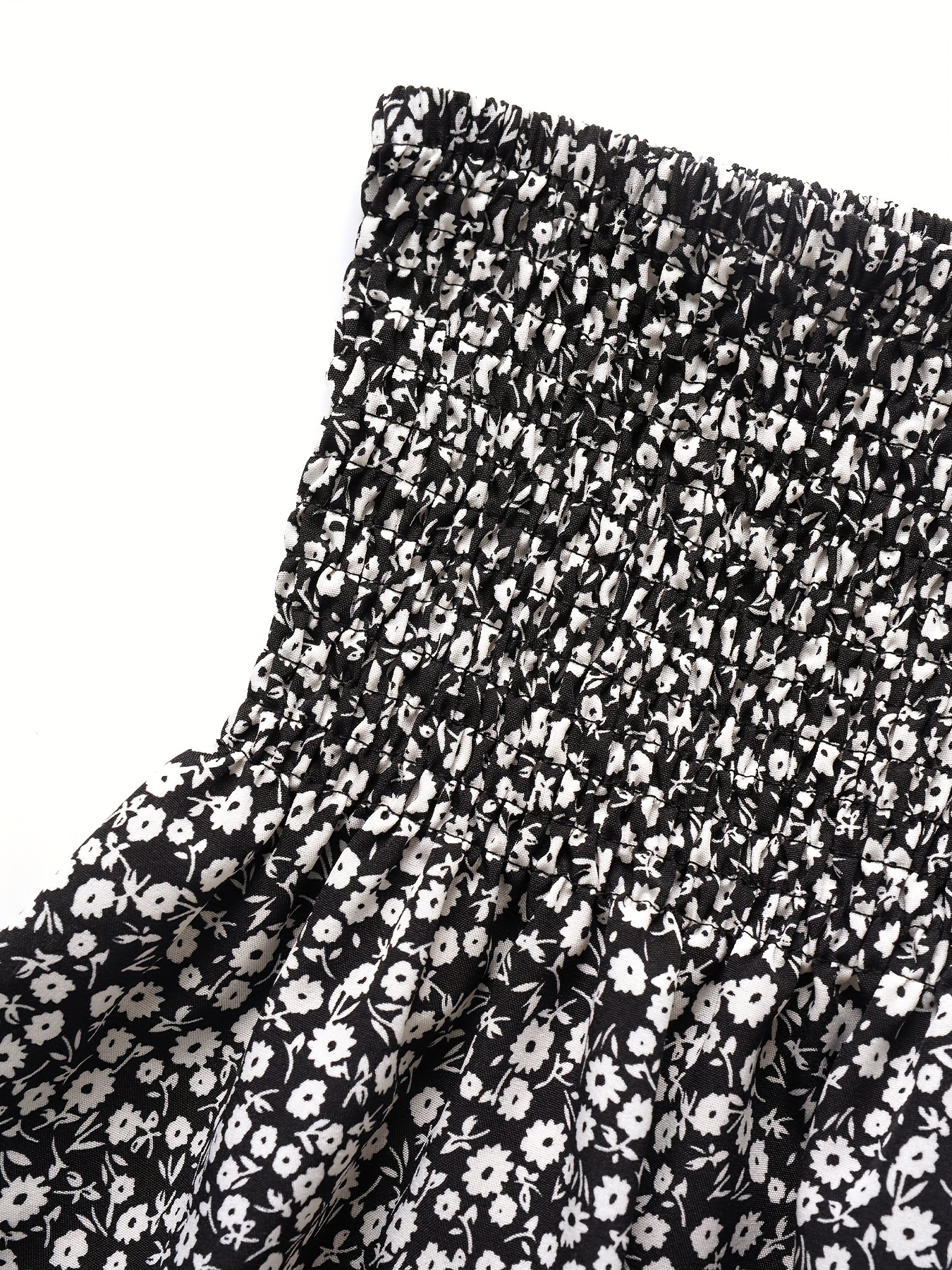 Women's High-Waisted Floral Print Shorts - Black & White Ditsy Pattern, Ruffled Hem, Stretchy & Comfortable Summer Fashion, Hand Wash Only, High Waisted Shorts