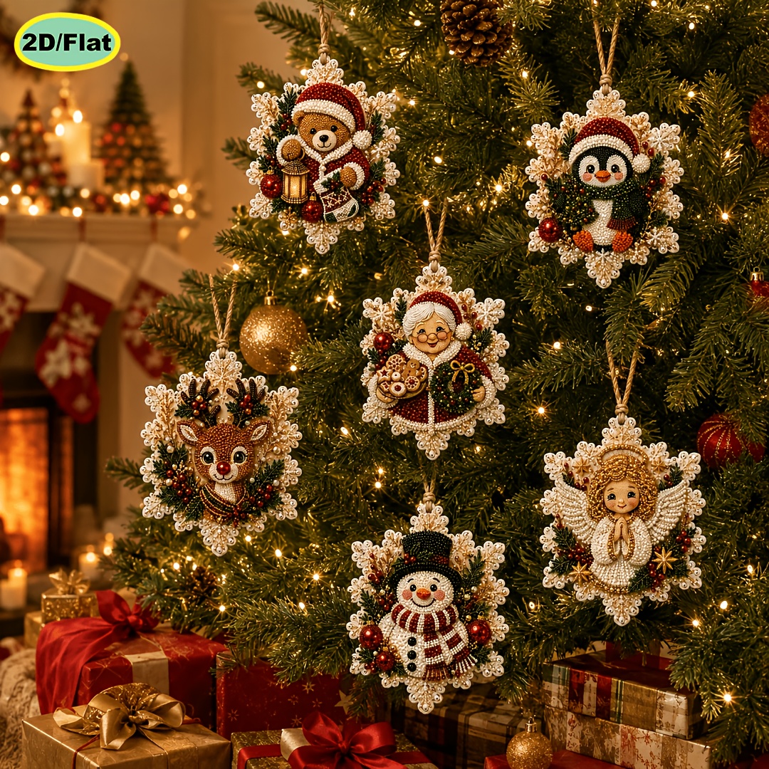 TEMU Ensemble de 6 pendentifs en bois avec motif de peinture d'œufs de perles et de , impression 2D plate sur le thème de Noël, ensemble complet de