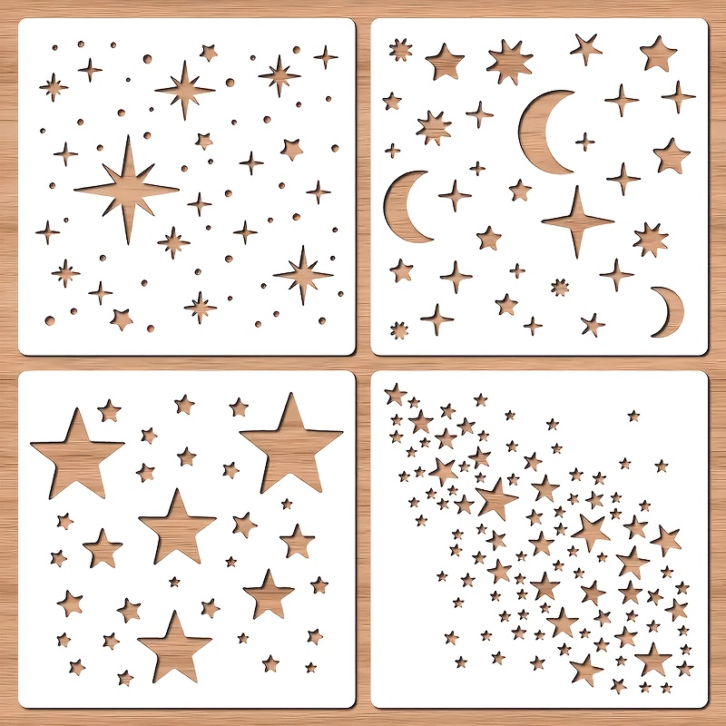 Image of 4 Reusable Star Templates, 15.24cm And Moon Stencils For Crafts, Plastic Background Star Templates For Painting On Wood Walls, Diy Card Making, Scrapbooking Paper, Fabric, Home Decor, Art Projects