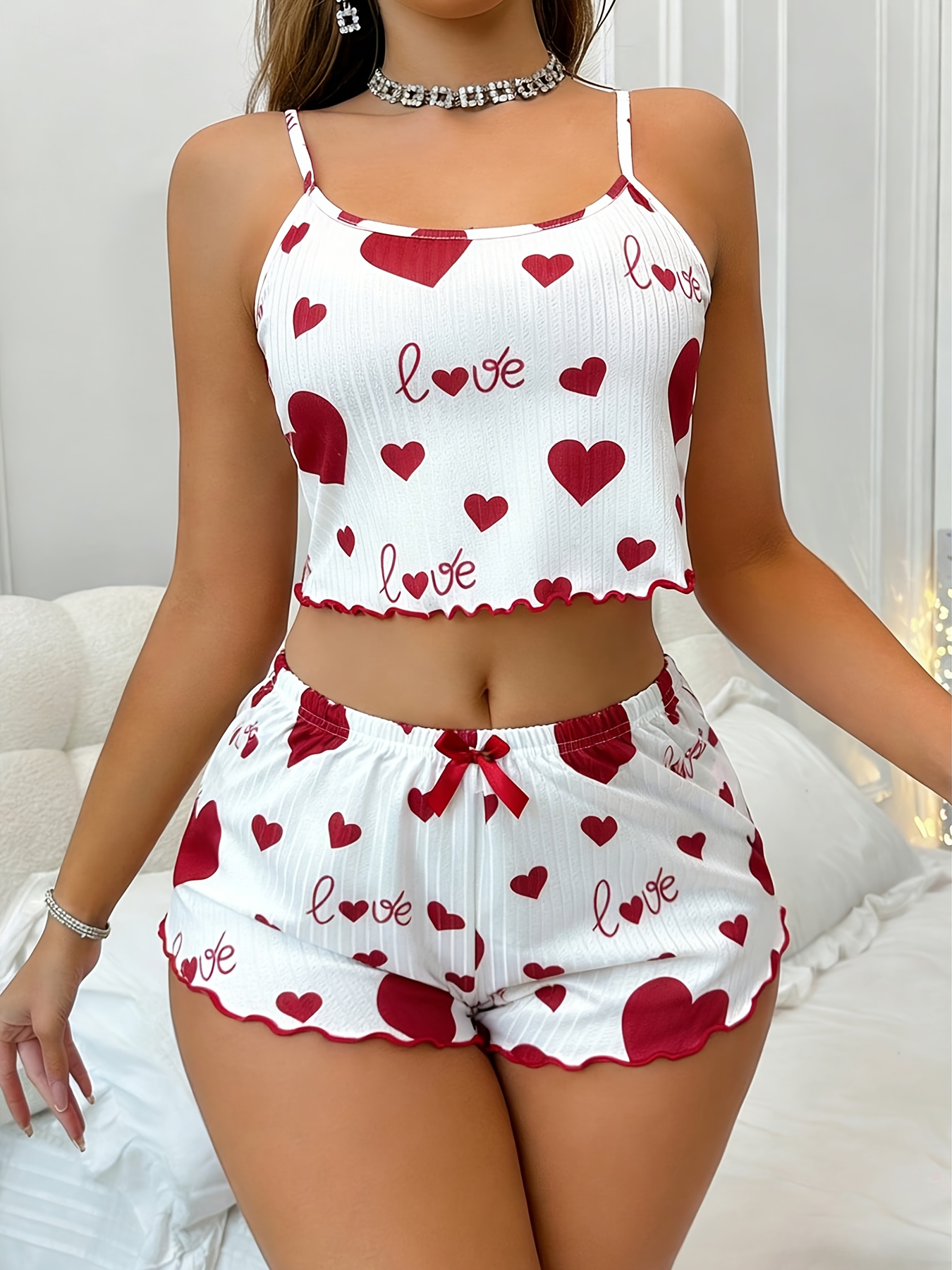[Red Heart "Love" Print Pajama Set] Women's Casual Red Heart "Love" Print Ribbed Strappy Shorts Pajama Set with Bow and Red Trim