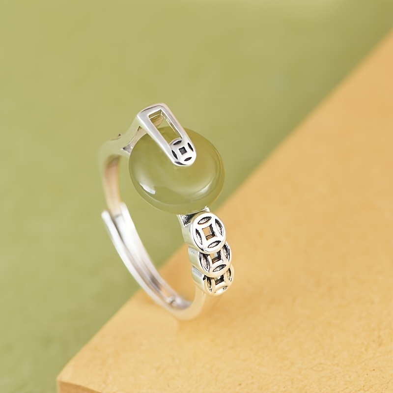 TEMU Vintage Copper Imitation Jade Fortune Safe , Ladies Light Luxury Chinese Ring, Exquisite All-match Index Finger Ring, , Rotatable Ring