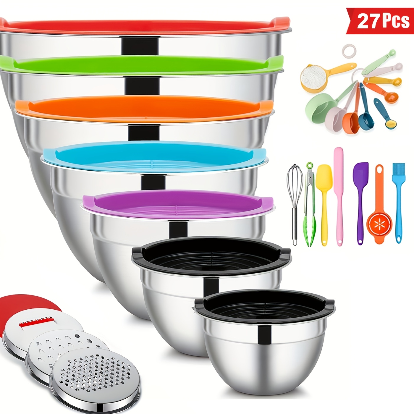 

27pcs Steel Set Set Sealing Lid, 3 Grater Accessories And Tool Set For Stirring And Mixing