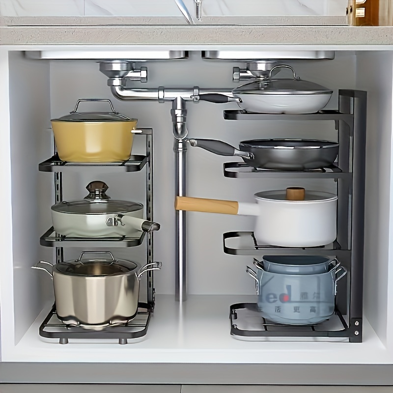 

1pc Adjustable Folding Pot Rack Organizer, Metal Kitchen Storage Sink Shelf, Multi-layer Cabinet Stand For Pots And Pans, Space Saving