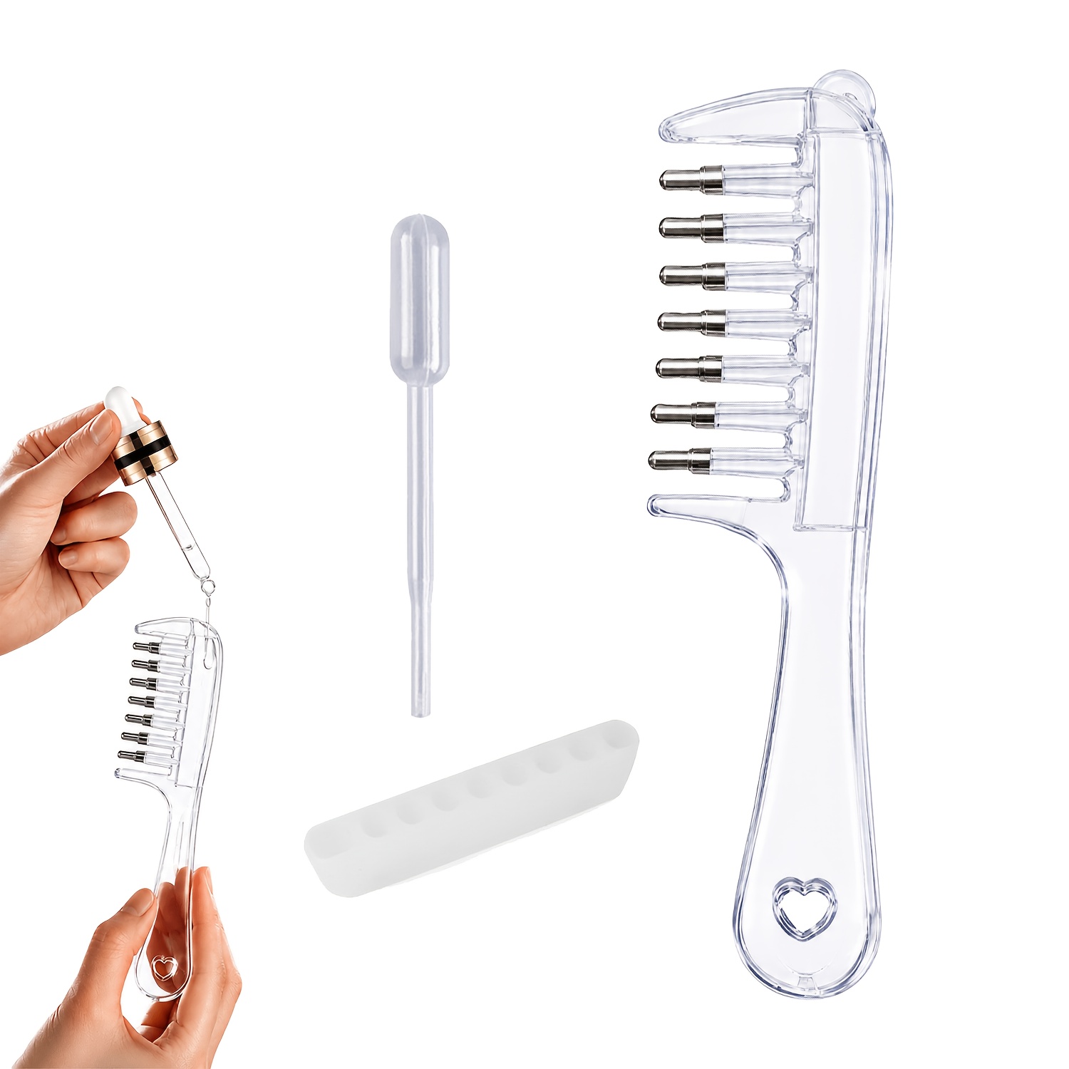 TEMU Applicateur d'huile pour cuir , peigne distributeur de liquide transparent avec réservoir et dents de en métal, applicateur d'huile capillaire