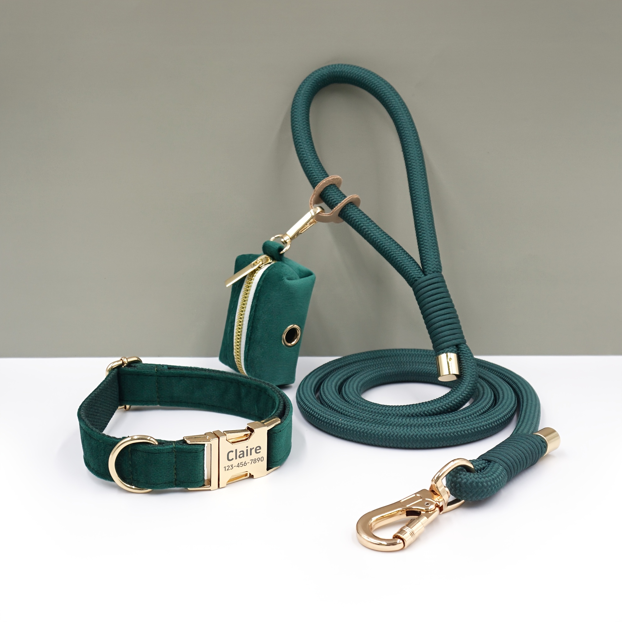 Customizable Soft and Comfortable Velvet Pet Dog Collar with High-Tensile Zinc Alloy Hook Buckle, Hand-Woven Round Rope Waste Bag Set. Free Laser Engraving of Pet Dog's Name and Owner's Phone Number. Dog Birthday Gift, Wedding Gift, Christmas Gift