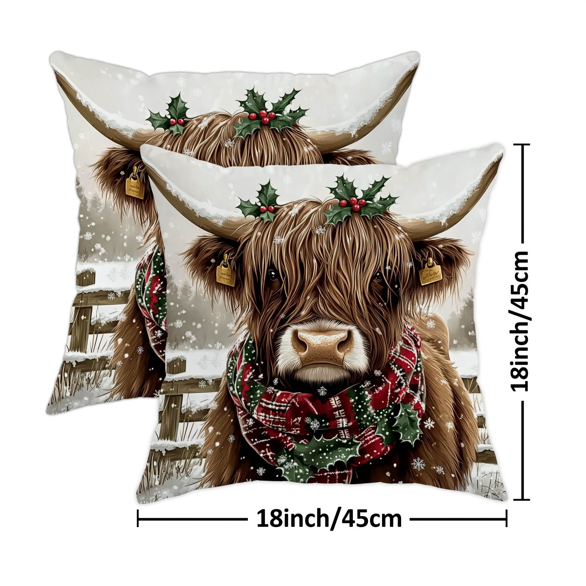 TEMU 2pcs Festive Highland Cow Velvet Throw Pillow Covers - Christmas Holly & Snowflake Design, Soft Decorative Accents For Living Room, Bedroom,