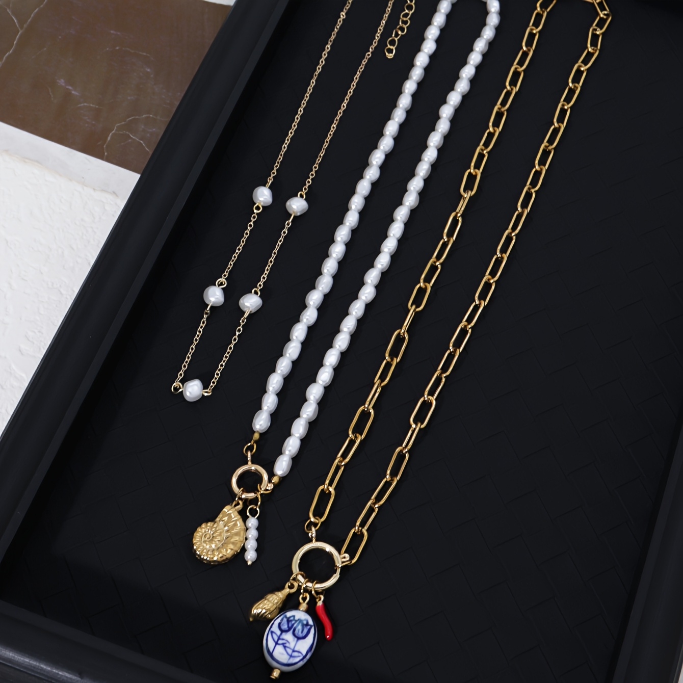 TEMU Juego de 3 Collares con Colgante para Mujer, Estilo Retro con Cerámico y Concha de Acero Inoxidable, Accesorios de Moda para Fiestas y Vacaciones