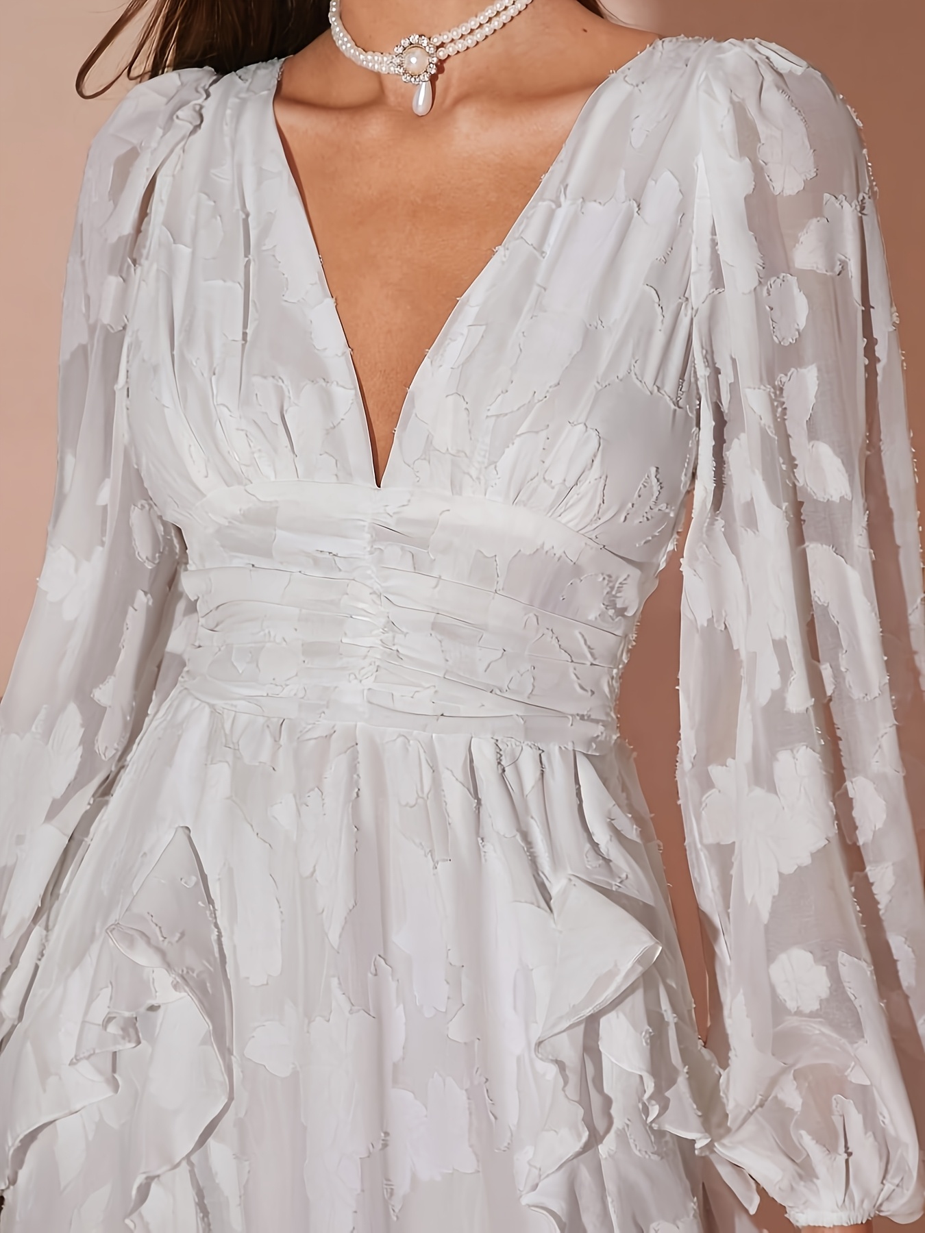 Women'S Elegant White Maxi Dress with V-Neck Polyester Blend  Spring/Summer/Fall, Floral Print, Fit and Flare Style, Casual Dres