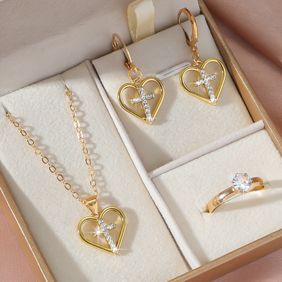 Image of 4pcs Shiny Luxury Elegant Creative Fashion Easy Heart Cross Necklace Earrings Ring Party Memorial Jewelry Exquisite Christmas Birthday Gifts
