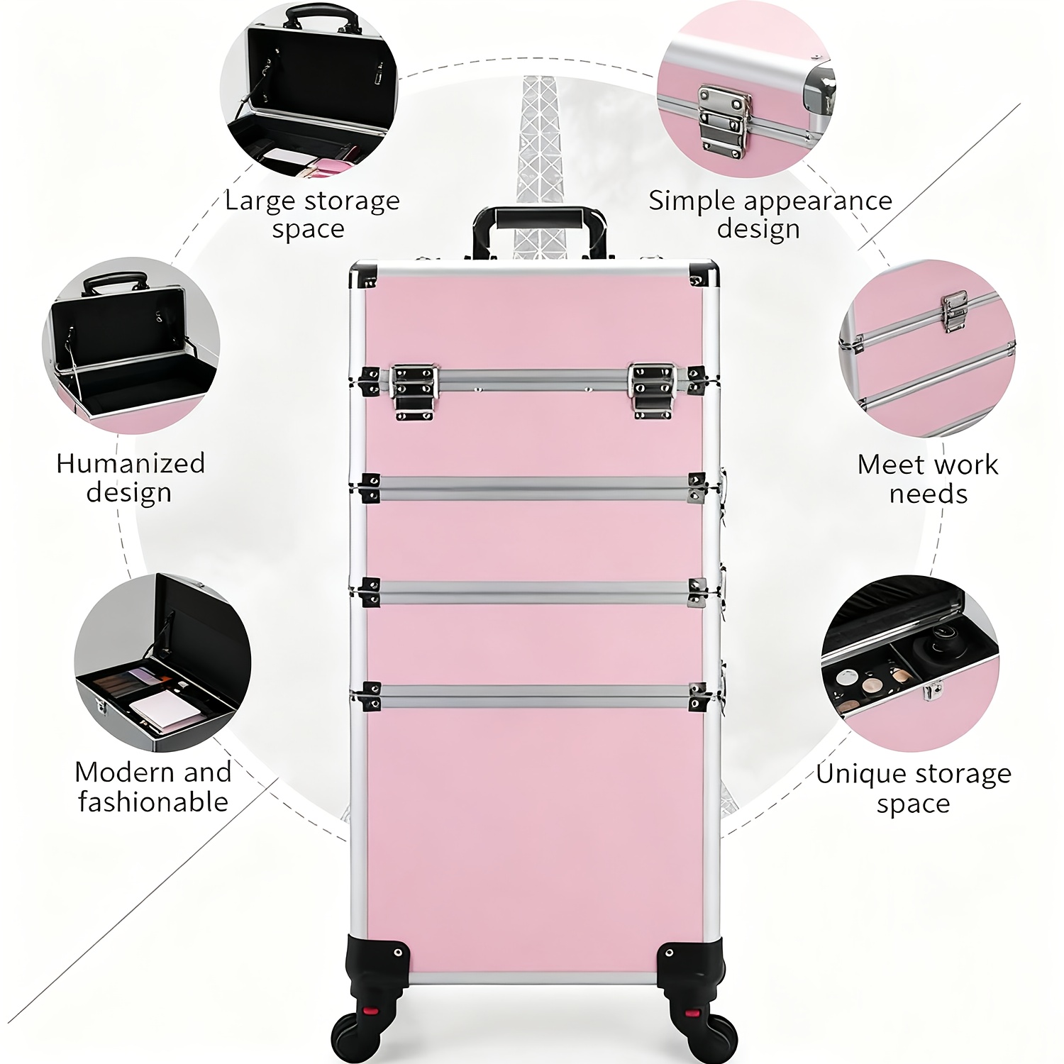 TEMU Grande Valise de Voyage Roulante pour Maquillage | Valise | Organisateur Professionnel de Cosmétiques à Roulettes | Valise Rigide à Rayures
