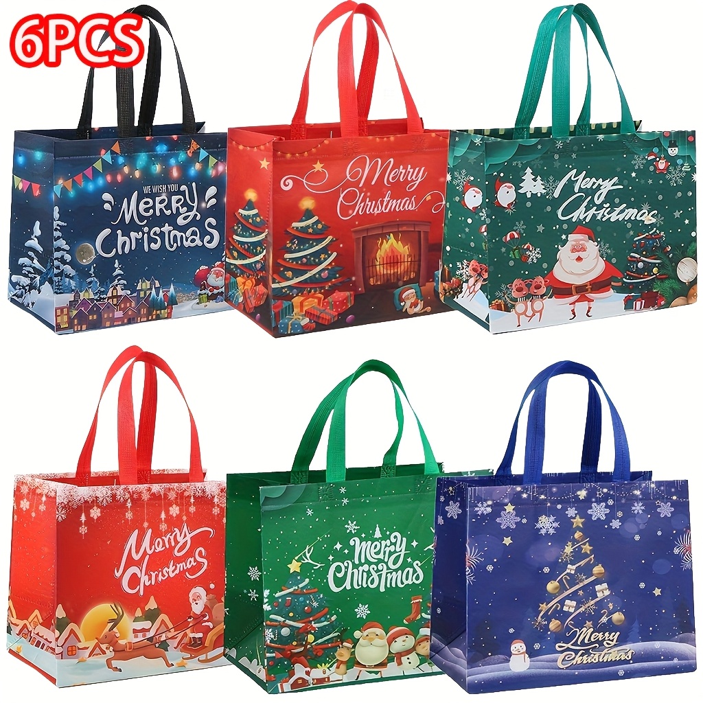 6/12/18pcs Large Christmas Gift Tote Bags With Handles | Reusable Non-woven Grocery Shopping Bags, Holiday Party Favor Goodie Bags, No-closure, 12..8 X 6.7 Inch