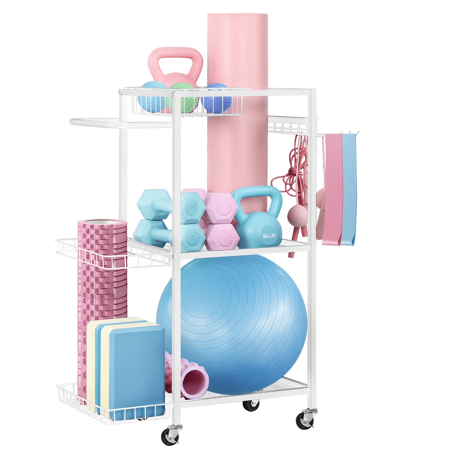 For Dumbbell Rack, Yoga Mat Storage Rack, Workout Equipment Storage Rack For Dumbbells Kettlebells Yoga Mat And Balls, Home Gym Storage Organizer With Hooks And Wheels
