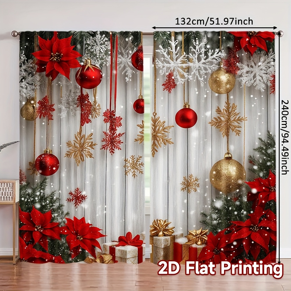 TEMU 2d Flat - 2d Flat - 2d Flat Printing 2pcs Curtains Christmas Ornaments Glow Digital Printed Polyester Drapes Birthday Party Use For Home & Party