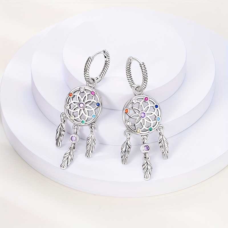 925 Pure Silvery Dream Catcher Earrings, Retro Style