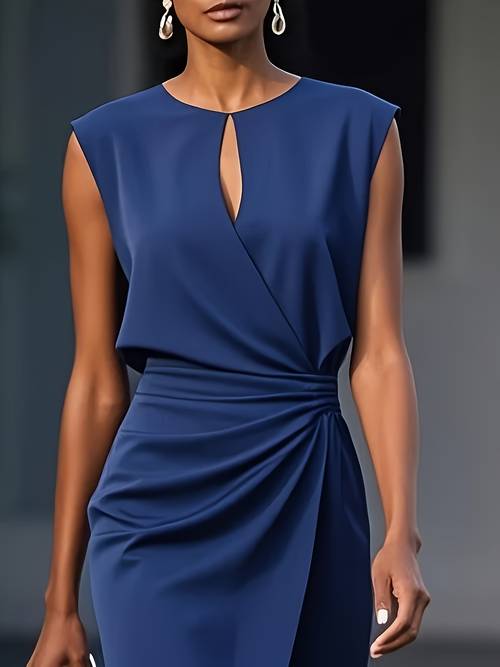 Women Blue Pleated Ruched Sleeve -Fit -Length Dress - Round Neck Machine-Washable Elegant Solid Color Spring/Summer Casual to Formal Wear