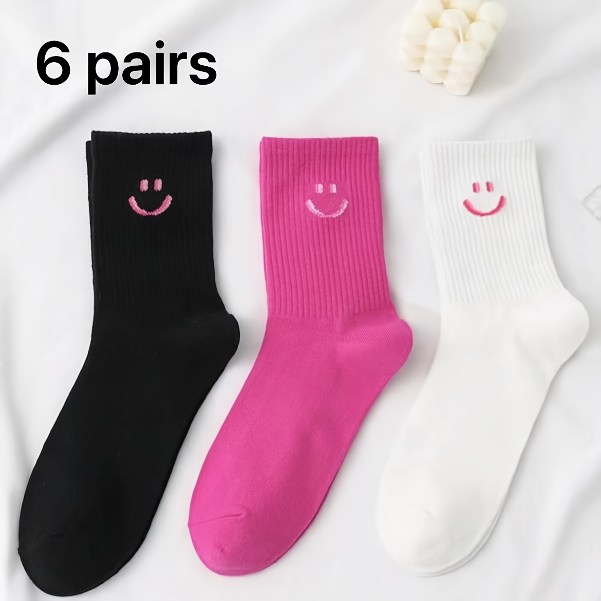 3/4/6 Pairs Of Women's Mid-calf Socks, Simple Smile Pattern, Suitable For Aged 14 And Up For