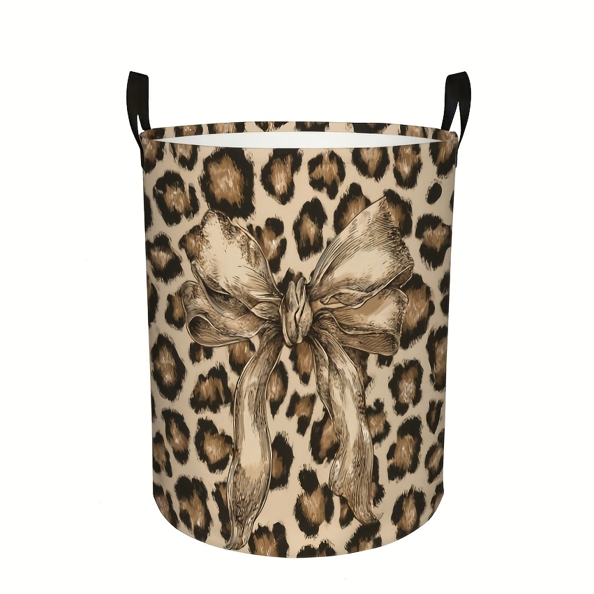 E-shop 1 Stück Leopardenmuster-Schleifen-Wäschekorb mit robustem Griff – Moderner runder Canvas-Wäschekorb geeignet für Zimmer, Badezimmer-Aufbewahrung