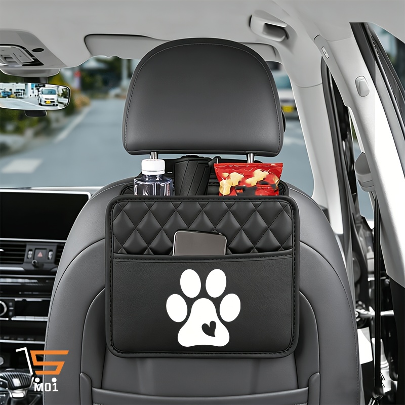 TEMU 1pc Paw Print With Heart Cutout Pattern Print Car Seat Back Hanging Storage Bag Rear Seat Storage Pouch Pu Leather Organizer Perfect For Storing