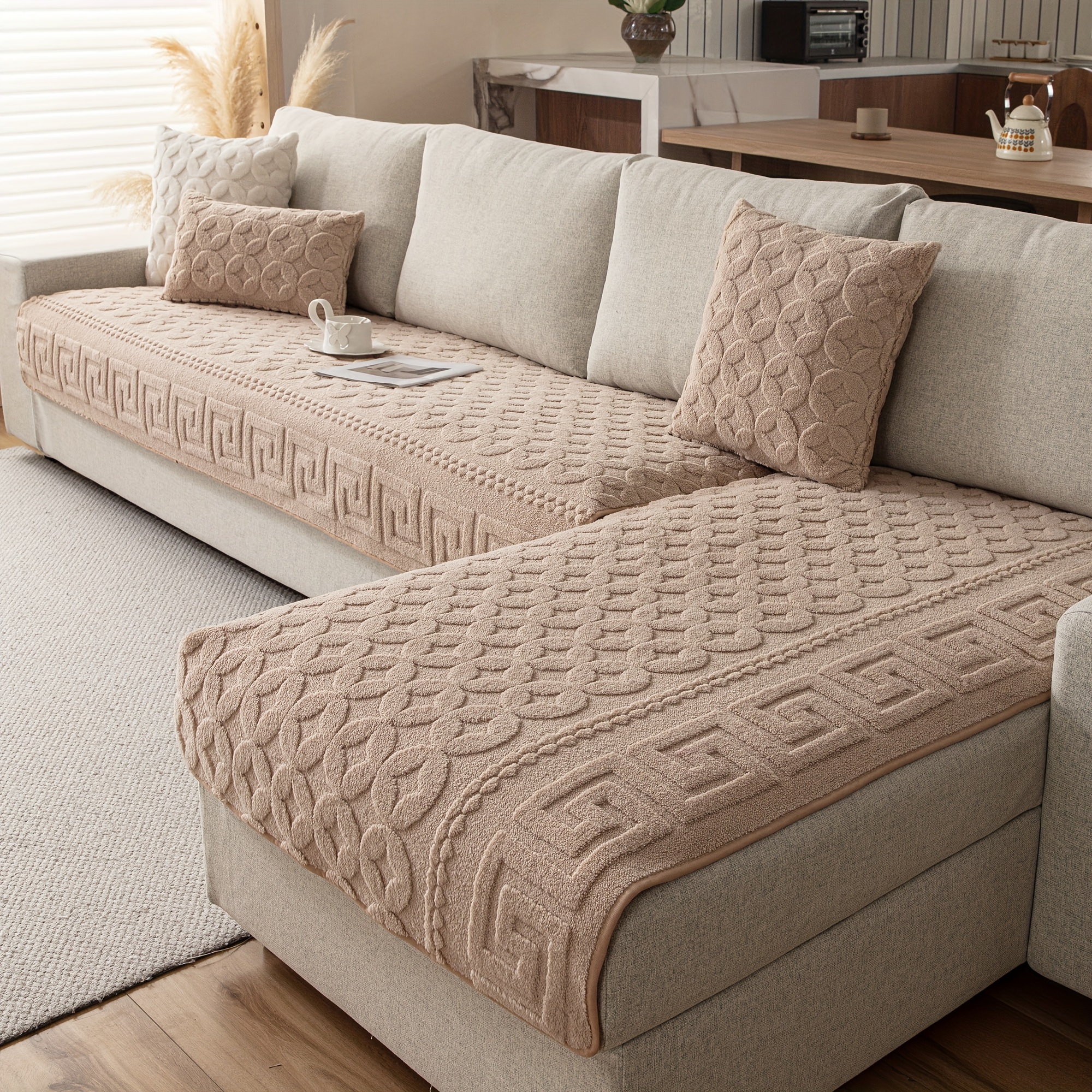 TEMU Jit2pcs Bohemian Plush Sofa Mat - Machine Washable Pet Friendly Non Slip Seat Cover, Suitable For L-shaped Sofa, Living Room Decorative Sofa